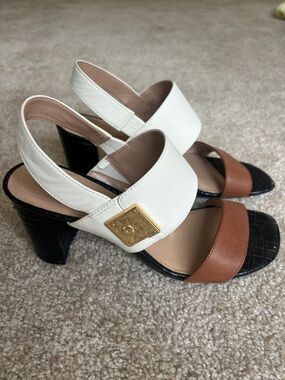 Ralph Lauren Women’s White and Brown Leather Block Heel Sandals
